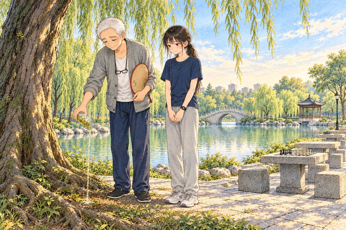 Same sunrise, a little later. Grandpa stands at the foot of the willow on the LEFT, slowly pouring Uncle Wu's full glass of tea onto the earth between the roots, Uncle Wu's fan tucked under his LEFT arm; Xiaoyu stands beside him on the RIGHT. Two faces in the middle band. The willow and bright sky above are the quiet area.