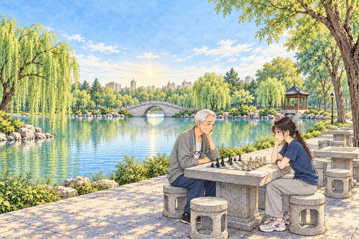 Same sunrise, the sun up over the lake. Wide and calm: the two small figures sit at the stone table under the willow, the carved board with the pieces on it, the folded white cloth on the table corner. Faces small. A wide quiet sky above.