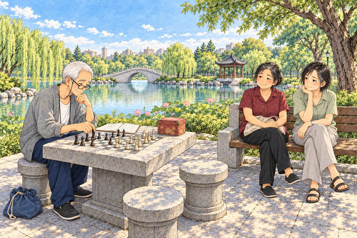 Friday 29 July, seven in the morning, a clear bright morning. At the stone table Grandpa sits on his stool with his reading glasses ON, one of Uncle Wu's notebooks lying open flat beside the carved board, replaying a game, calm. Uncle Wu's tin stands on the table by the board, the blue chess bag on the ground by his stool. Grandpa's stool is on the LEFT of the picture. A little way off at the RIGHT stands a bench: Auntie Zhang in her short-sleeved plum blouse sits on its left end with her cloth bag, and Mama sits on its right end, watching her father with a small smile; Xiaoyu sits just out of the picture to Mama's right. Three faces, Grandpa's at the left. The bright sky and willow above are the quiet area.