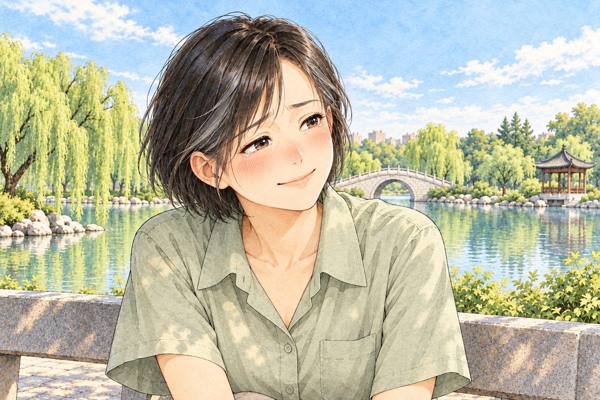 Same clear morning. Close on Mama on the bench, eyes wet, smiling, looking RIGHT at Xiaoyu beside her off panel. Her face in the middle of the panel. The bright sky behind is the quiet area.
