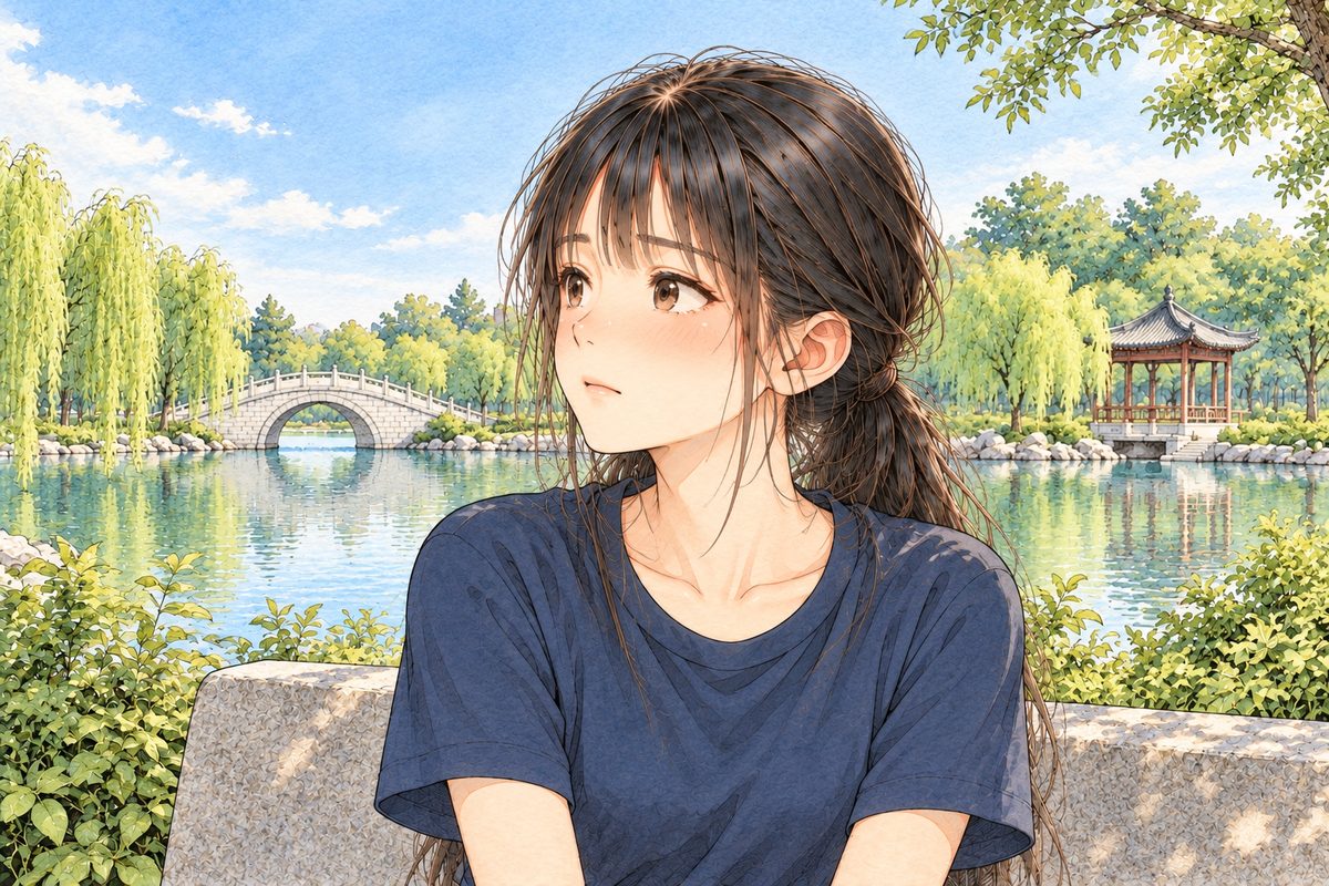 Same clear morning. Close on Xiaoyu on the bench, looking LEFT at Mama off panel, deciding. Her face in the middle of the panel. The bright sky behind is the quiet area.