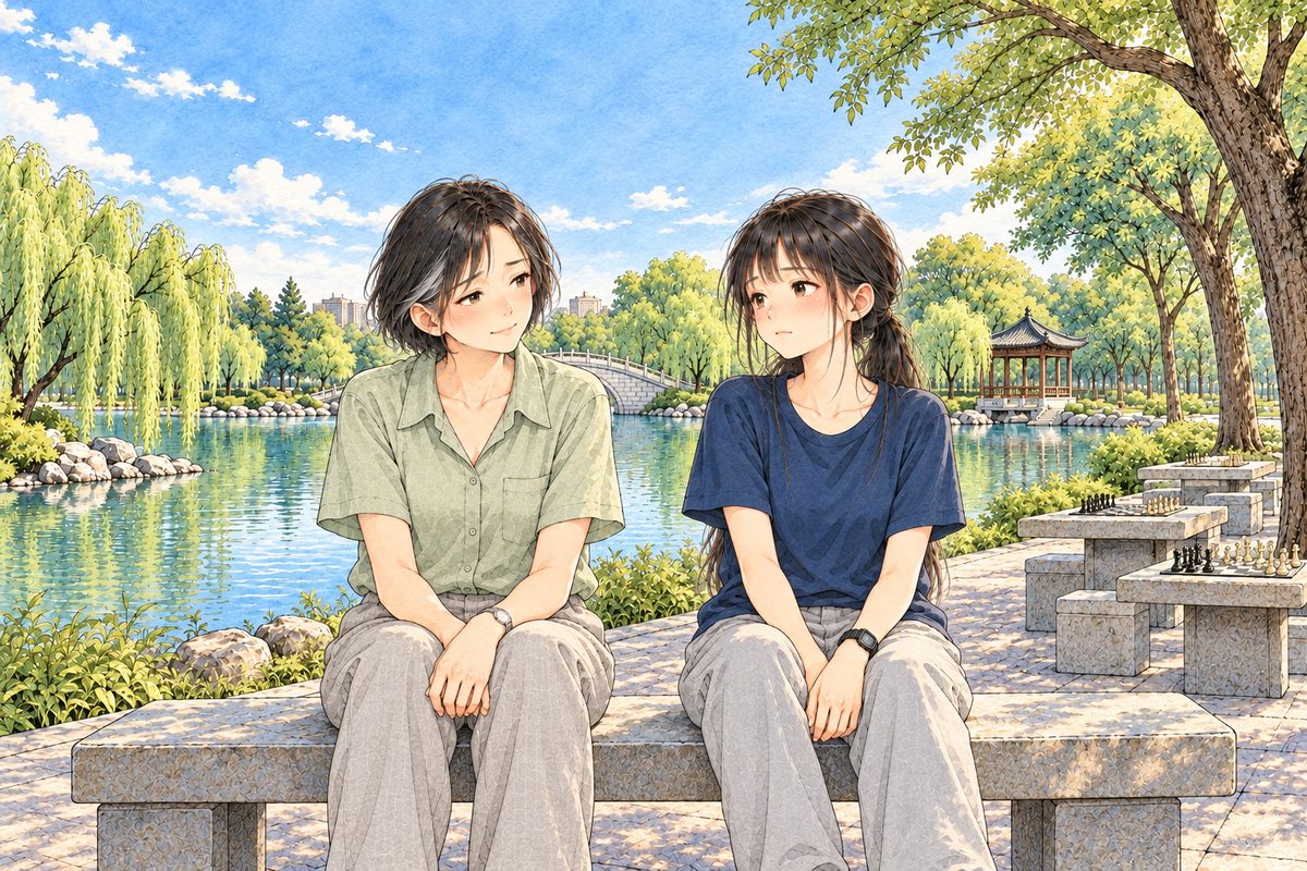 Same clear morning. Mama sits on the LEFT of the bench and Xiaoyu on the RIGHT, the lake behind them. Two faces in the middle band. The bright sky above is the quiet area.