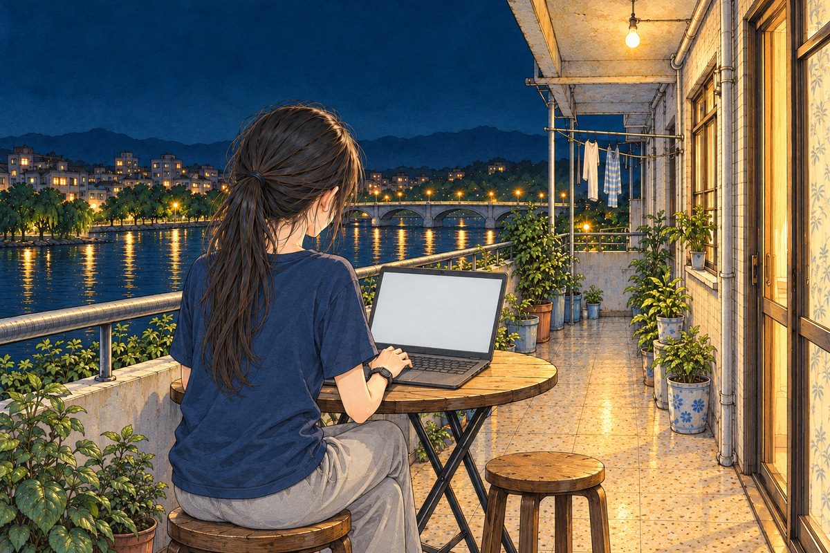 Saturday 30 July, ten at night, the bare balcony bulb, the dark river and a few warm lights beyond the rail. Over her shoulder from behind: Xiaoyu sits on a stool at the folding table, her back and low ponytail large at the LEFT foreground in her navy t-shirt, her laptop open on the table in front of her. The laptop screen is painted blank; the words are lettered afterwards. No face. The dark river and sky above are the quiet area.