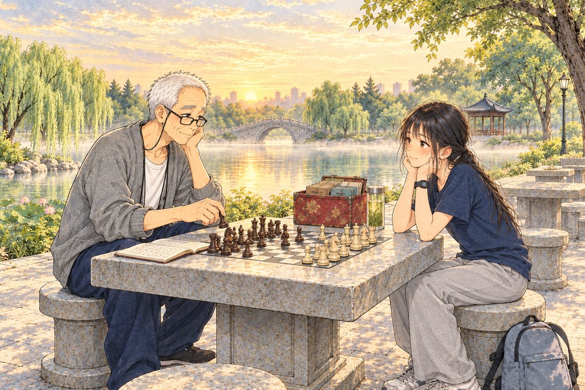 Sunday 31 July, half past five in the morning, misty gold dawn. Grandpa sits on his stool on the LEFT with his reading glasses ON, a notebook open beside the carved board; Xiaoyu sits on Wu's stool on the RIGHT, her small travel backpack at her feet. Wu's tin and a glass of tea stand on the table. Two faces in the middle band. The mist and gold sky above are the quiet area.