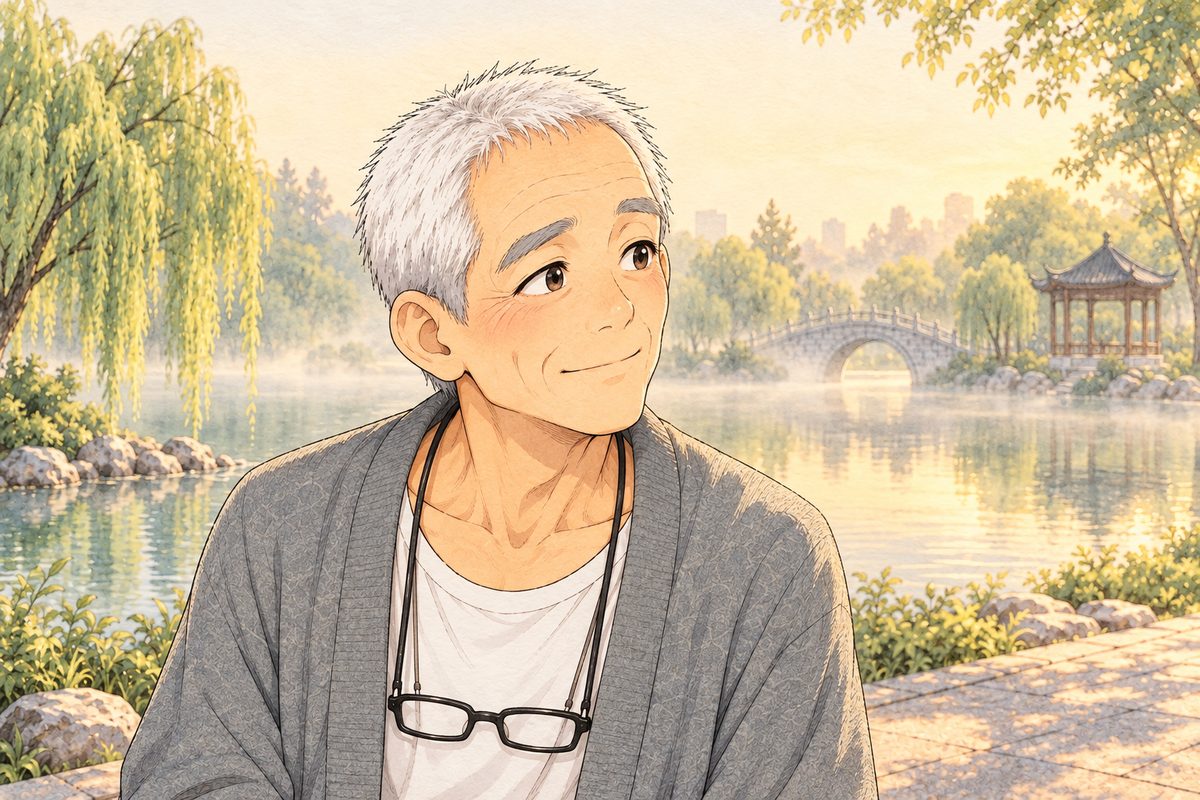 Same misty gold dawn. Close on Grandpa, clear-eyed and warm, looking RIGHT at Xiaoyu off panel. His face in the middle of the panel. The mist behind is the quiet area.
