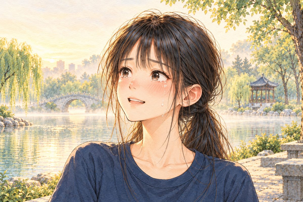 Same misty gold dawn. Close on Xiaoyu, looking LEFT at Grandpa off panel, startled, a smile breaking through her tears. Her face in the middle of the panel. The mist behind is the quiet area.