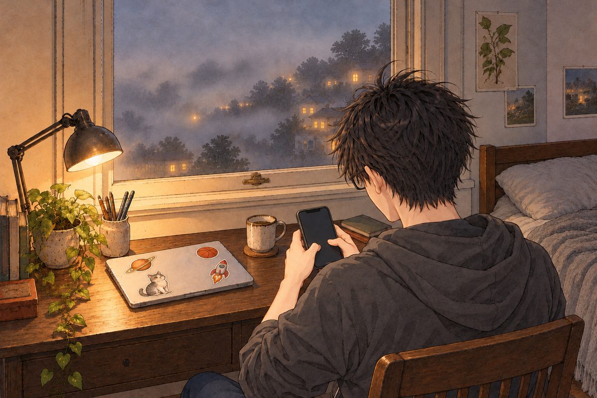 Saturday 30 July, eleven at night in San Francisco, a desk lamp, grey fog at the window with soft house lights on a hill. Over his shoulder from behind: Haoran sits at a narrow desk in a charcoal-grey hoodie, the sleeves pushed up, holding his black phone the ordinary way in both hands, thumbs on the screen; we see the back of his head and his bare RIGHT ear. The phone screen is painted blank; the words are lettered afterwards. No face. Reflections only on empty glass, the window shows fog and lights, never his body. The foggy window above is the quiet area.