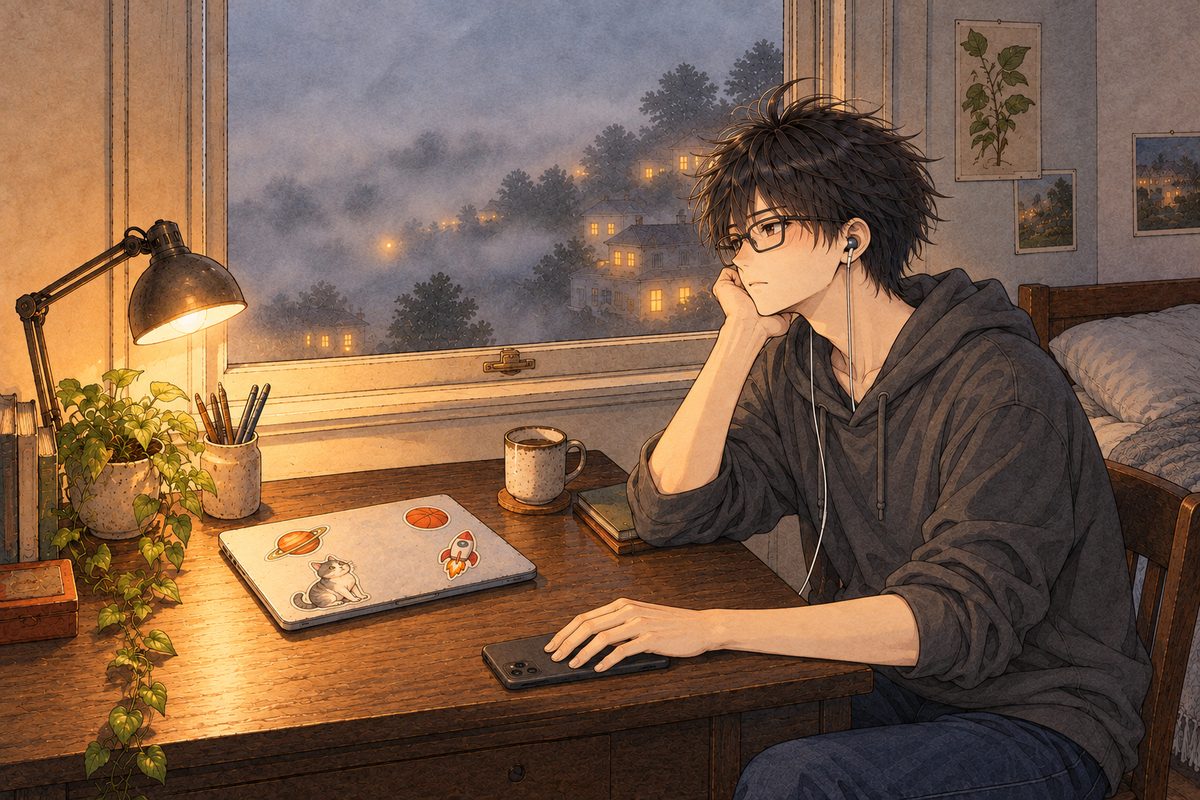 Same night, the same lamp and fog. Haoran sits at the desk turned three-quarters towards the VIEWER'S LEFT, so we see his LEFT ear with the one white earbud in it; his RIGHT hand lays the phone FACE DOWN on the desk, his palm flat on its back. He looks out at the fog. The people are solid and opaque; reflections only on empty glass. One face in the lower middle of the panel; the foggy window above is the quiet area.